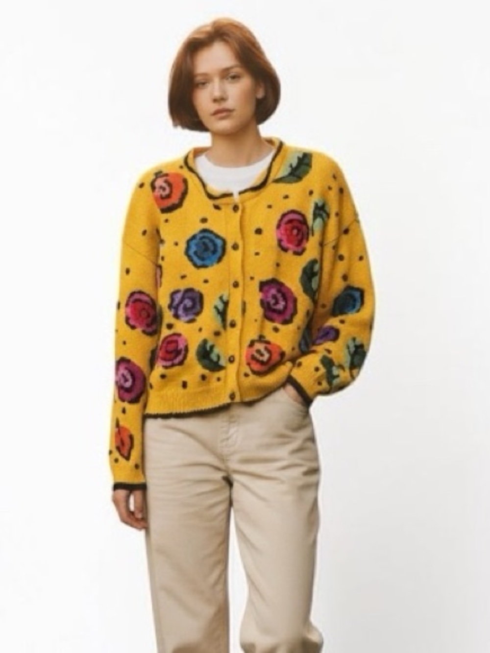 Vintage Christine Foley Cardigan Sweater Size 3/L Yellow Floral Rose 80s 90s